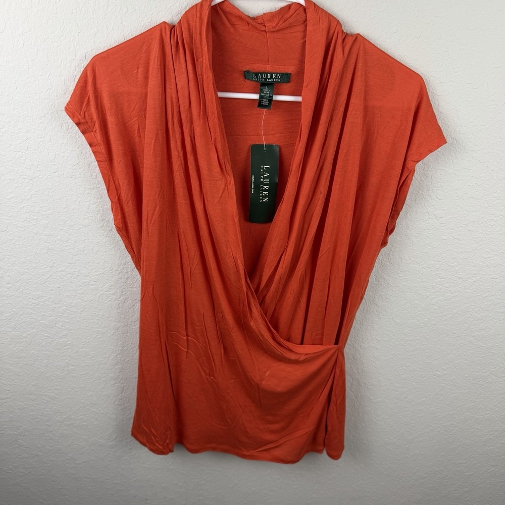 Lauren Ralph Lauren Orange Jersey Draped Cowl Neck Stretch Blouse L Short Sleeve